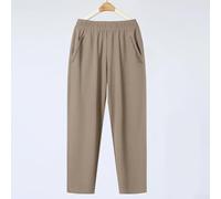 Women's High Waist Ice Silk Loose Straight Leg Cropped Ankle Pants, Solid Color Stretch Trousers for Vacation Beach Cycling Fitness, One Size Fits All 40-105kg(XL Khaki)
