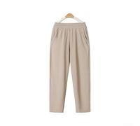 Women's High Waist Ice Silk Loose Straight Leg Cropped Ankle Pants, Solid Color Stretch Trousers for Vacation Beach Cycling Fitness, One Size Fits All 40-105kg(XXL Beige)