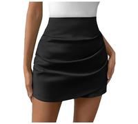 Women's High Waist Mini Skirt - Pleated Satin Skirt Wrap Asymmetrical Slim Casual Sexy Line Solid Colour Chic and Elegant Everyday Comfortable Fit Skirts for Party, Black, S