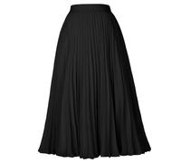 Women's High Waist Pleated Flared A-line Ribbed Knit Midi Skirt Elastic Waist Solid Below-Knee Length Skirts Lady -Black-M