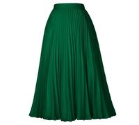 Women's High Waist Pleated Flared A-line Ribbed Knit Midi Skirt Elastic Waist Solid Below-Knee Length Skirts Lady-Dark Green-M