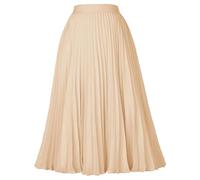 Women's High Waist Pleated Flared A-line Ribbed Knit Midi Skirt Elastic Waist Solid Below-Knee Length Skirts Lady -Shallow Khaki-XL