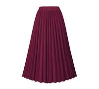 Women's High Waist Pleated Skirt A line Swing Midi Skirt Wine Red