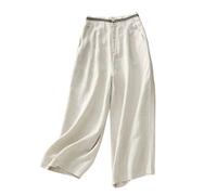 Women's High Waist Wide Leg Linen Blend Trousers Nine Point Length Summer Pants Breathable Loose Fit Casual Literary Style Comfortable Bottoms Beige