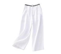 Women's High Waist Wide Leg Linen Blend Trousers Nine Point Length Summer Pants Breathable Loose Fit Casual Literary Style Comfortable Bottoms White