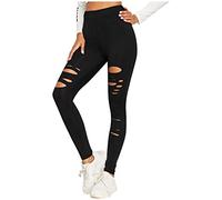 Womens High Waist Yoga Pants Cutout Ripped Tummy Control Workout Running Skinny Leggings Activewear Tights Black