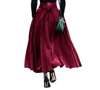 Womens High Waisted A-line Swing Maxi Skirt Solid Color Elegant Tie Front Flowy Long Skirt with Pockets Wine Red(UK 8/Tag S)