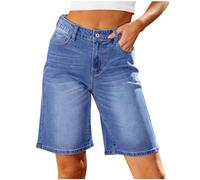 Women's High Waisted Bermuda Jeans - Stretchy Slim Fit Straight Leg Cropped Knee Length Casual Denim Trousers with Pockets for Holiday Beach Summer Outdoor Versatile Streetwear Navy XL