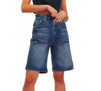 Women's High Waisted Bermuda Jeans - Stretchy Slim Fit Straight Leg Cropped Knee Length Casual Denim Trousers with Pockets for Holiday Beach Summer Outdoor Versatile Streetwear Blue XXL