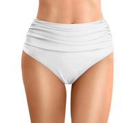 Womens High Waisted Bikini Bottoms Retro Solid Ruched TummyControl Swimming Briefs Basic Full Coverage Swimsuit Swim Shorts Swimwear Trunks Underwear Brief for Women Girls Teens (A White, XL)
