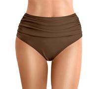 Womens High Waisted Bikini Bottoms Retro Solid Ruched TummyControl Swimming Briefs Basic Full Coverage Swimsuit Swim Shorts Swimwear Trunks Underwear Brief for Women Girls Teens (C Brown, L)