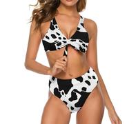 Women's High Waisted Bikini Se Tummy Control Black and White Cow Print Bathing Suits V Neck Two Piece Swimsuits, Style, Medium