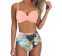 Women's High Waisted Bikini Set 2 Pieces Tummy Control Push Up Swimsuit and Skirt Twist Front Bikini V Neck Sexy Swimming Costume Ladies Swimwear (Pink, XXL)