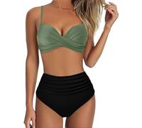Women's High Waisted Bikini Set 2 Pieces Tummy Control Push Up Swimsuit and Skirt Twist Front Bikini V Neck Sexy Swimming Costume Ladies Swimwear (Green, XXL)