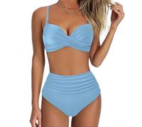 Women's High Waisted Bikini Set 2 Pieces Tummy Control Push Up Swimsuit and Skirt Twist Front Bikini V Neck Sexy Swimming Costume Ladies Swimwear (B-Light Blue, XXL)