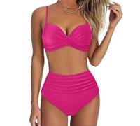 Women's High Waisted Bikini Set 2 Pieces Tummy Control Push Up Swimsuit and Skirt Twist Front Bikini V Neck Sexy Swimming Costume Ladies Swimwear (B-Hot Pink, XXL)