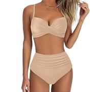 Women's High Waisted Bikini Set 2 Pieces Tummy Control Push Up Swimsuit and Skirt Twist Front Bikini V Neck Sexy Swimming Costume Ladies Swimwear (B-Khaki, XXL)