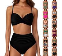 Women's High Waisted Bikini Set 2 Pieces Tummy Control Push Up Swimsuit and Skirt Twist Front Bikini V Neck Sexy Swimming Costume Ladies Swimwear (Black, XXL)