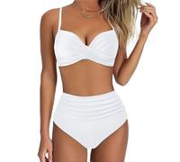 Women's High Waisted Bikini Set 2 Pieces Tummy Control Push Up Swimsuit and Skirt Twist Front Bikini V Neck Sexy Swimming Costume Ladies Swimwear (B-White, XXL)
