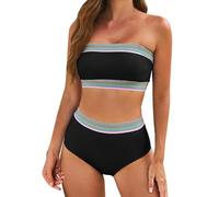 Women's High Waisted Bikini Set, 2025 Two Pieces Swimsuits Color Block Bandeau Bikini Set Bandeau Top and Swim Briefs Tummy Control Swimwear Strapless Bathing Suits Beach Holiday Swimming Costume