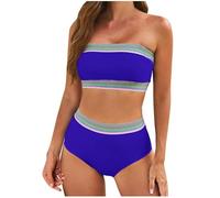 Women's High Waisted Bikini Set, 2025 Two Pieces Swimsuits Color Block Bandeau Bikini Set Bandeau Top and Swim Briefs Tummy Control Swimwear Strapless Bathing Suits Beach Holiday Swimming Costume