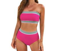Women's High Waisted Bikini Set, 2025 Two Pieces Swimsuits Color Block Bandeau Bikini Set Bandeau Top and Swim Briefs Tummy Control Swimwear Strapless Bathing Suits Beach Holiday Swimming Costume