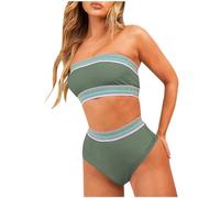 Women's High Waisted Bikini Set, 2025 Two Pieces Swimsuits Color Block Bandeau Bikini Set Bandeau Top and Swim Briefs Tummy Control Swimwear Strapless Bathing Suits Beach Holiday Swimming Costume
