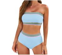 Women's High Waisted Bikini Set, 2025 Two Pieces Swimsuits Color Block Bandeau Bikini Set Bandeau Top and Swim Briefs Tummy Control Swimwear Strapless Bathing Suits Beach Holiday Swimming Costume