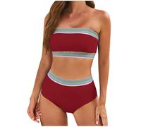 Women's High Waisted Bikini Set, 2025 Two Pieces Swimsuits Color Block Bandeau Bikini Set Bandeau Top and Swim Briefs Tummy Control Swimwear Strapless Bathing Suits Beach Holiday Swimming Costume