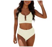 Womens High Waisted Bikini Set Gold Metal Ring Detail Ribbed Padded Top Bottoms Two Piece Bikini Ladies Summer Beachwear Vacation Pool Spa Swimwear