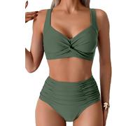 Women's High Waisted Bikini Set Push Up Twist Front Swimsuits Two Piece Tummy Control Swimwear Bathing Suit (UK, Alpha, XL, Regular, Regular, Green)