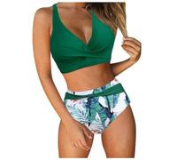 Womens High Waisted Bikini Set Retro Ruched Two Piece Swimsuit Push Up Padded Bathing Suit Tummy Control Vintage Print Bikini Summer Beachwear Fashion Swimwear Holiday Pool Party Swim (Green, L)