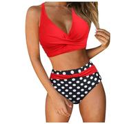 Womens High Waisted Bikini Set Retro Ruched Two Piece Swimsuit Push Up Padded Bathing Suit Tummy Control Vintage Print Bikini Summer Beachwear Fashion Swimwear Holiday Pool Party Swim Outfit (Red, M)
