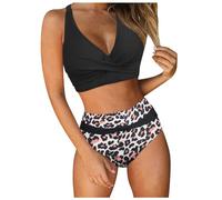 Womens High Waisted Bikini Set Retro Ruched Two Piece Swimsuit Push Up Padded Bathing Suit Tummy Control Vintage Print Bikini Summer Beachwear Fashion Swimwear Holiday Pool Party Swim (Black, L)