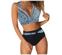Womens High Waisted Bikini Set Retro Ruched Two Piece Swimsuit Push Up Padded Bathing Suit Tummy Control Vintage Print Bikini Summer Beachwear Fashion Swimwear Holiday Pool Party Swim Outfit (Navy, L)