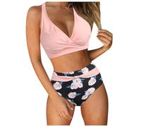 Womens High Waisted Bikini Set Retro Ruched Two Piece Swimsuit Push Up Padded Bathing Suit Tummy Control Vintage Print Bikini Summer Beachwear Fashion Swimwear Holiday Pool Party Swim Outfit (L) Pink