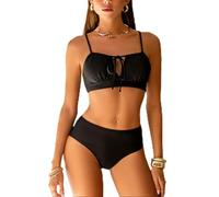 Women's High Waisted Bikini Set Ruched Tie Front Swimsuit Two Piece Bathing Suit Sexy Cut Out Swimwear Black