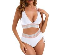 Women's High Waisted Bikini Sets 2 Pieces Adjustable Strap Drawstring Bathing Suit V Neck Tummy Control Swimsuit Set Swimming Costume White