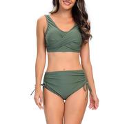 Womens High Waisted Bikini Sets Push Up Swimsuit Padded Swimwear Two Piece Bathing Suits Criss Cross Swimsuits V Neck Crop Cami Top with Shorts Swimwear Ladies Twist Front Tie Side Bikini Swimsuits