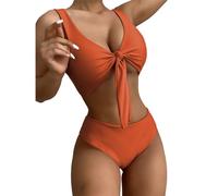 Women's High Waisted Bottom Bikini Set Two Piece Swimsuits Front Tie Bow V Neck Bathing Suit Solid Cheeky Swimwear (Color : Orange, Size : Large)