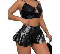 Women's High Waisted Faux Leather Skort - Y2K Pleather Skirt with Shorts & Ruffle Trim Mini Skirt Shorts Hot Pants