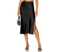 Womens High Waisted Satin Midi Skirts Elegant Flared A Line Elastic Waistband Silk Slit Skirt for Women, Black, XL
