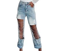 Women's High Waisted Straight Leg Jeans Ripped Rhinestone Chain Denim Pants (Color : Light Blue, Size : S)