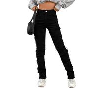 Women's High Waisted Straight Leg Slim Fit Raw Hem Patchwork Stretchy Y2K Stacked Mom Jeans Boyfriend Jeans for Teen Girls, Black, S