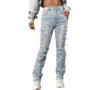 Women's High Waisted Straight Leg Slim Fit Raw Hem Patchwork Stretchy Y2K Stacked Mom Jeans Boyfriend Jeans for Teen Girls, Light Blue, S
