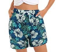 Women's High Waisted Swim Shorts 5'' Board Short Women's Casual Shorts Summer Comfy Beach Shorts Elastic Waist Floral Womens Stretch Board Shorts - UV Protection Ladies Swim Shorts Blue