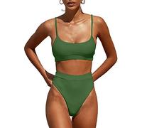 Womens High Waisted Swimsuits Bottom Padded Bathing Suits Bikini Sets Top Two Piece Swimwear, Army Green, Medium