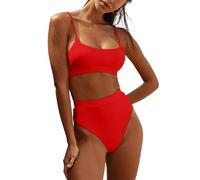Womens High Waisted Swimsuits Bottom Padded Bathing Suits Bikini Sets Top Two Piece Swimwear - red - Large
