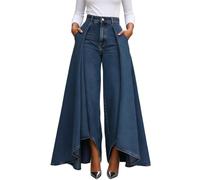 Women's High Waisted Wide Leg Jeans - Asymmetrical Hem Palazzo Denim Pants, Loose Fit Culottes with Pockets, Vintage Flare Trousers