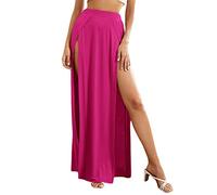 Women's High Waisted Wrap Double Split Long Maxi Skirts Beach Party Skirts Ladies Plain Flowy Swing Club Skirts (Rose Red, Small)